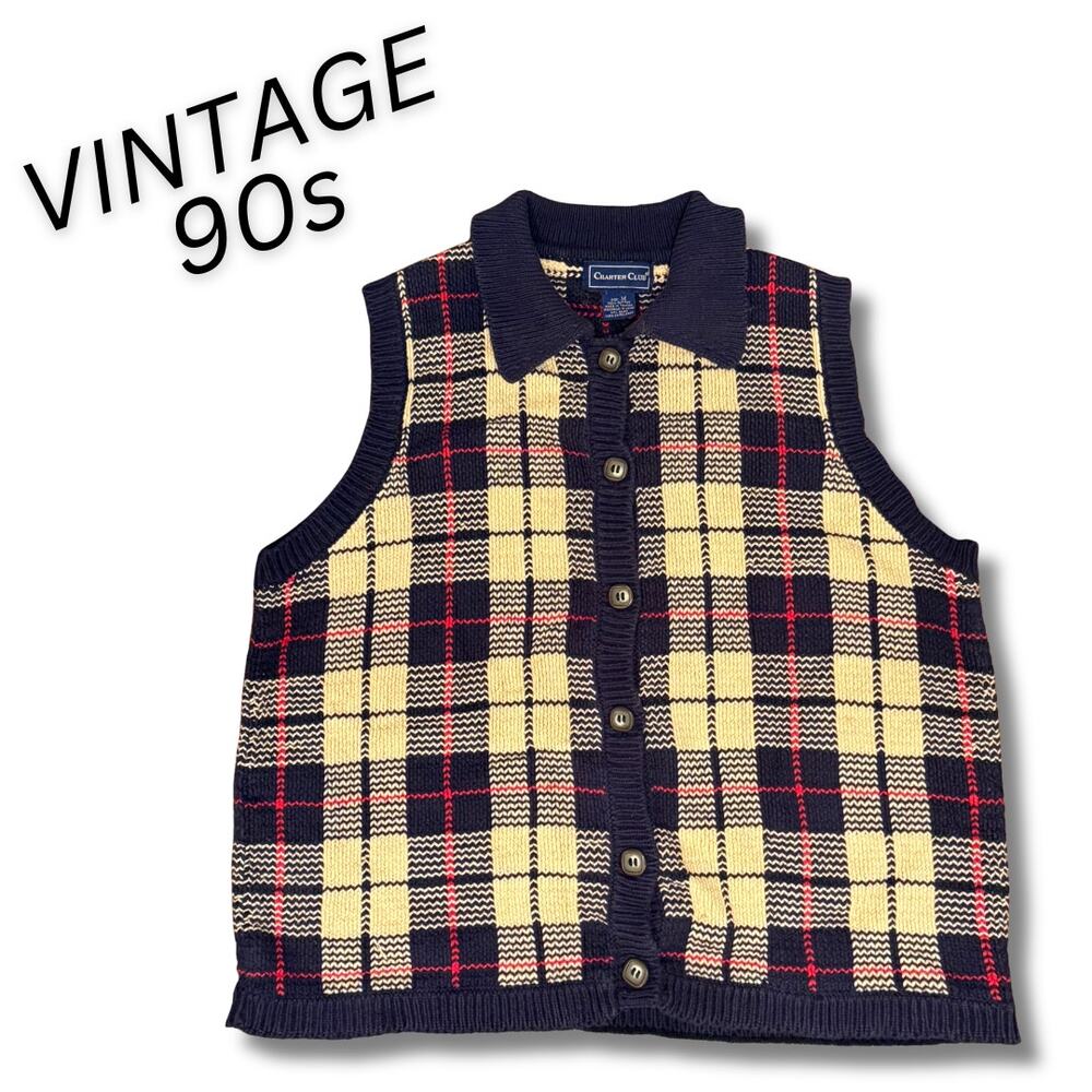 Vintage 90s Sweater Knit Vest Plaid Preppy Academia School Twee Grunge Winter